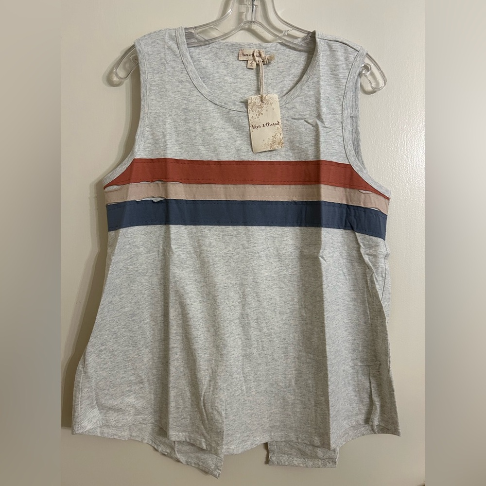 Hem & Thread Light Gray Tank with Red and Blue Stripes
